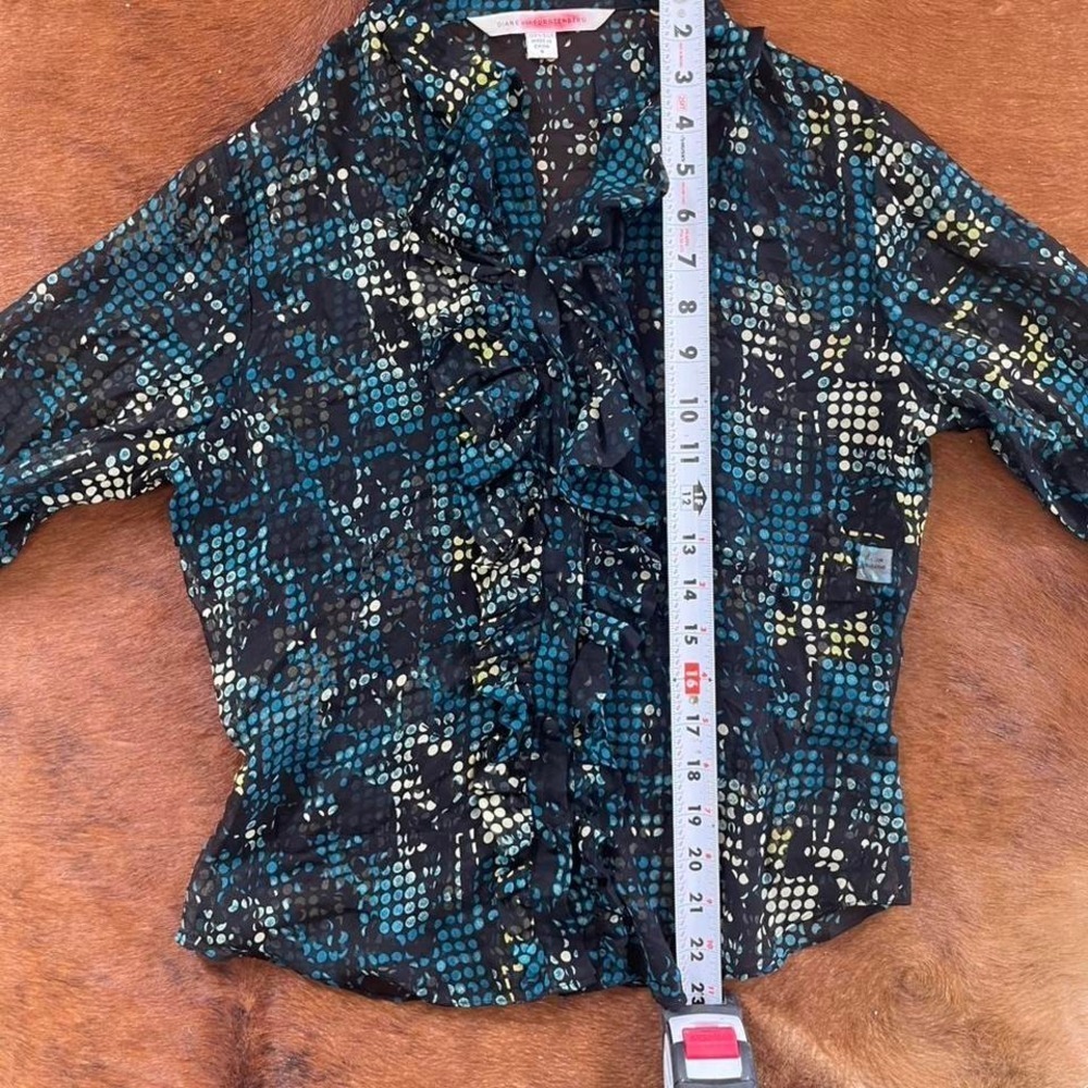 vintage Diane von Furstenberg Silk Button-Up Blouse Teal & Black Abstract Print - Picture 6 of 6